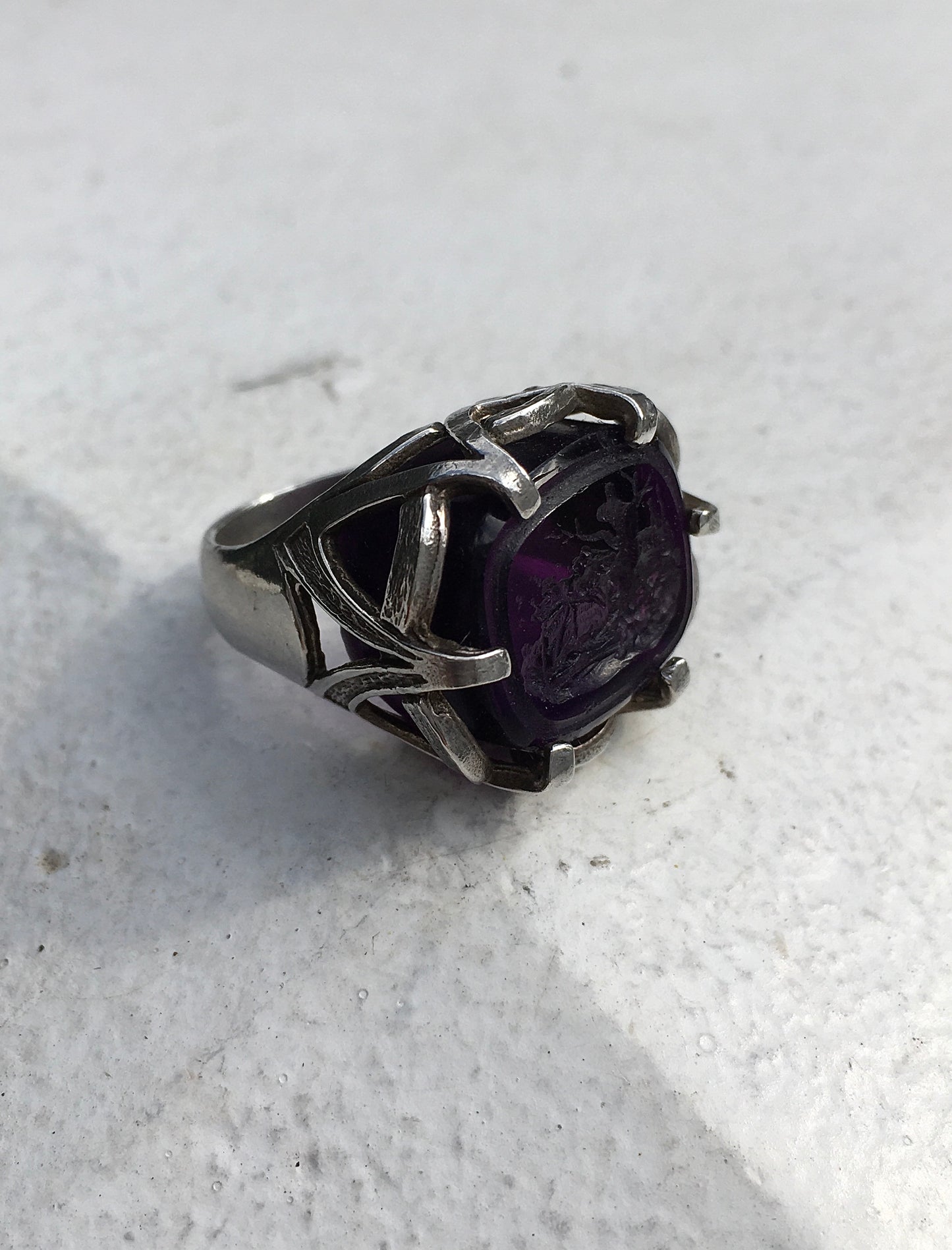 Vintage Silver Amethyst Intaglio Seal Ring