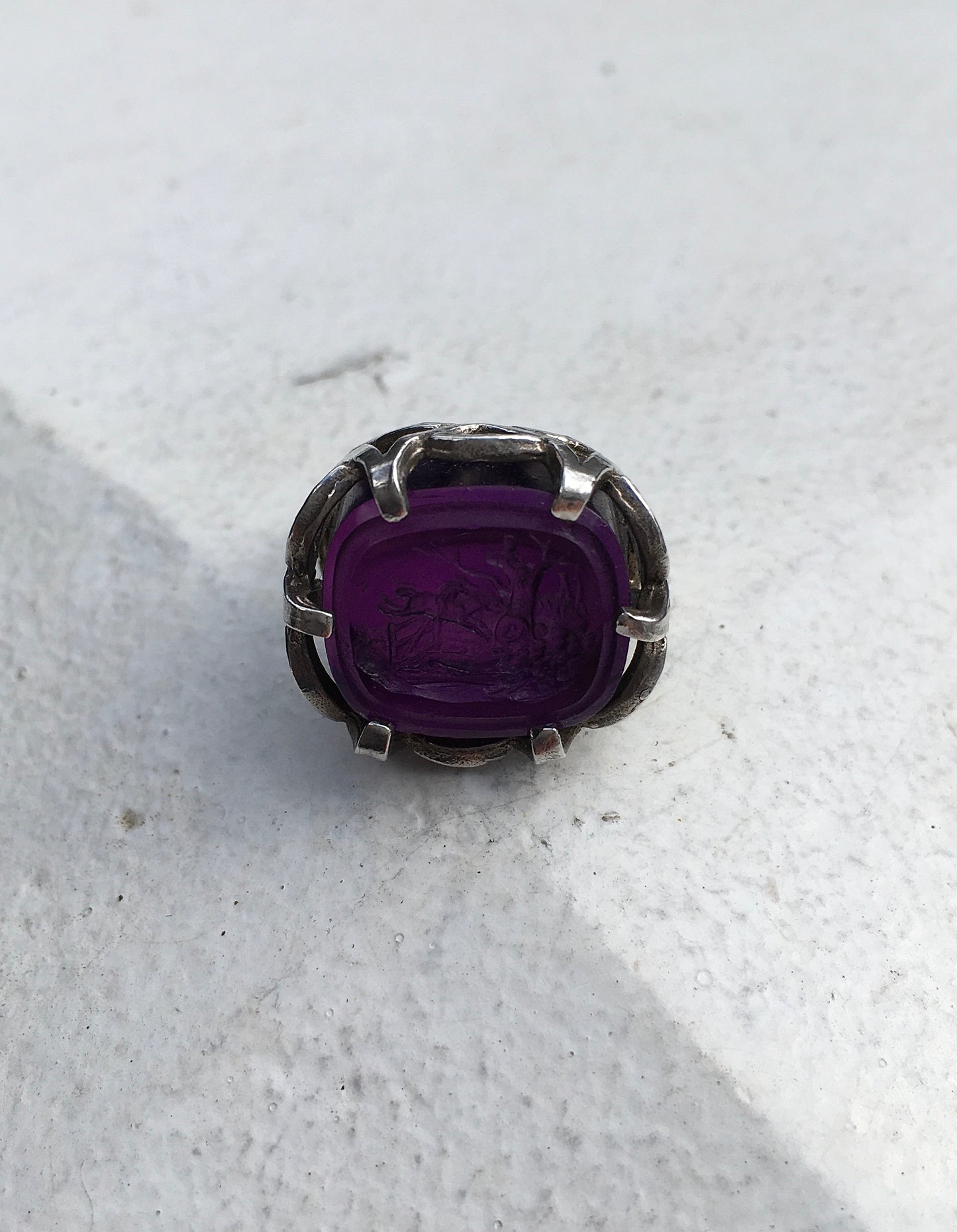 Vintage Silver Amethyst Intaglio Seal Ring