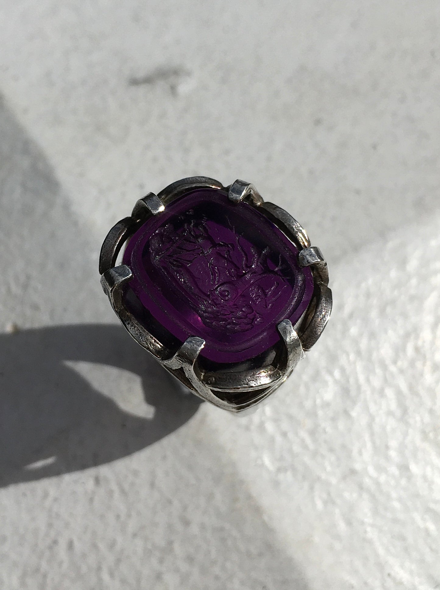 Vintage Silver Amethyst Intaglio Seal Ring