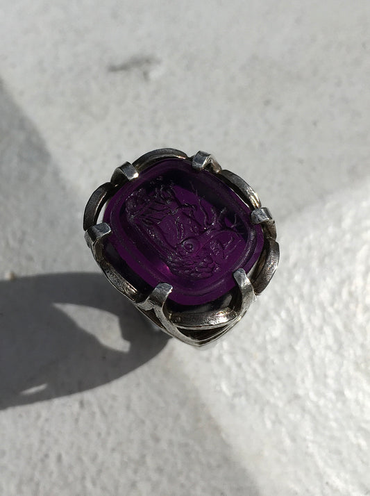 Vintage Silver Amethyst Intaglio Seal Ring